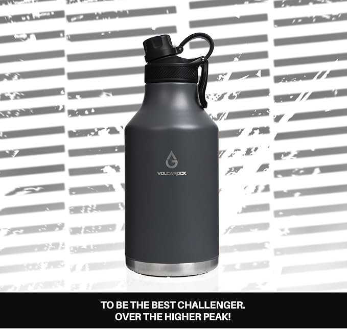 Vacuum Insulated Jug with Straw Lid Dustproof, Half Gallon Insulated Beer Growler, 3 Lids Wide Mouth Thermos Mug, Leakproof BPA Free and Dishwasher Safe - 64 Oz Grey