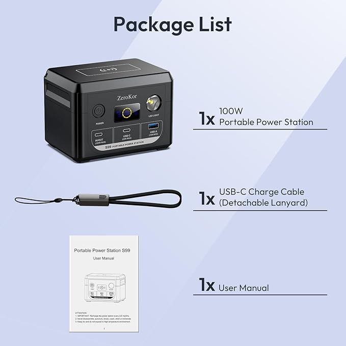 100W Portable Power Station, 96Wh Small Generator 30000mAh LiFePO4 Battery with USB C Fast Charging for Laptop, Outdoor Camping Portable Power Bank for RV Home Office Emergency Power Supply