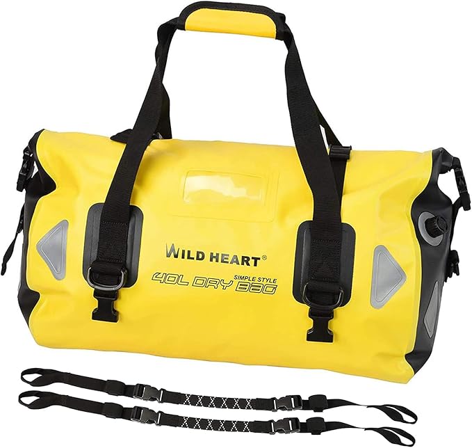 WILD HEART Waterproof Motorcycle Duffel Bag PVC500D Double-bottom With Rope Straps and Inner Pocket 40L 66L 100L for Kayaking, Camping, Boating,Motorcycle