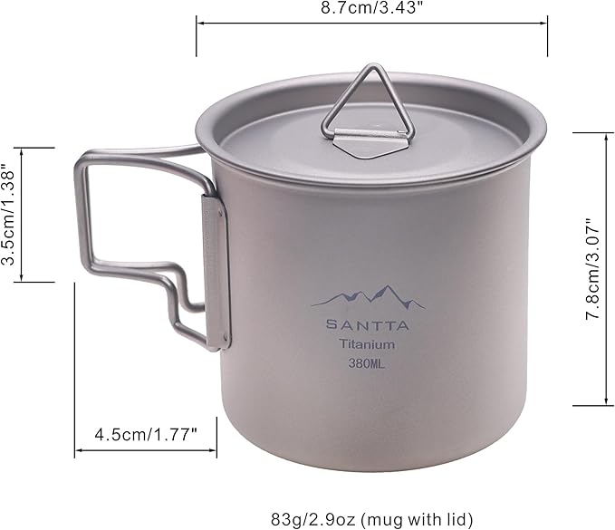 SANTTA Titanium Mug | 12 OZ Leightweight Drinking Cup with Foldable Handle 380mL