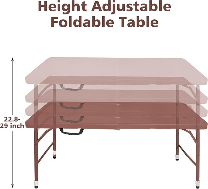 4 FT Folding Table with Carry Handle, Portable Fold-in-Half Plastic Table, Rectangle Foldable Table for Indoor/Outdoor Brown