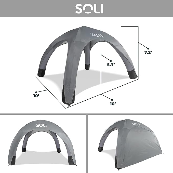SOLI Inflatable Shade Air Canopy - Quick Self-Inflating Sun Shelter with Air Pump, UPF 50+ Sun Protection, Travel-Friendly, Stable Anchors for Beach, Camping & Backyard Use (Cool Grey) - 10 ft