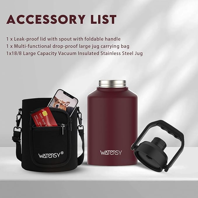 WATERSY 1 Gallon Water Bottle Insulated(Cold for 48 Hrs),BPA Free&Leak Proof,128oz Stainless Steel Water Jug,Big thermo,Large Water Bottle with Handle for Gym,Hiking,Camping&Travel,Brick Red