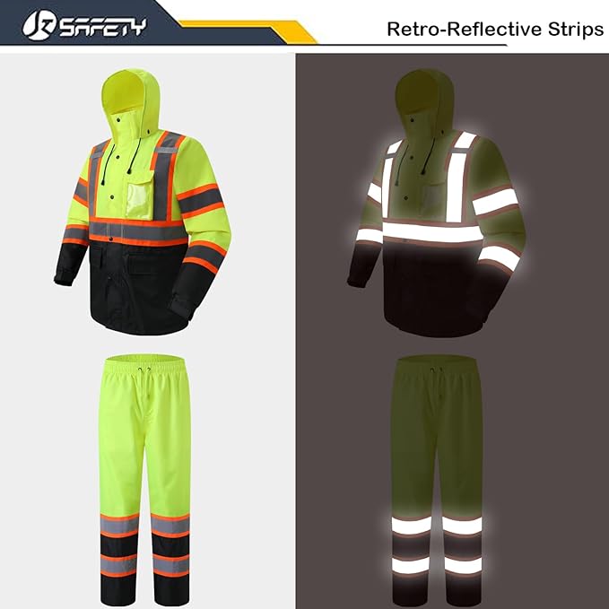 JKSafety Hi-Vis Reflective Safety Rain Jacket and Pants for Men Women Waterproof Rain Gears for Farming Fishing Work HV Rain Suit with Inner Mesh Lining and Pockets (117-Yellow XL)