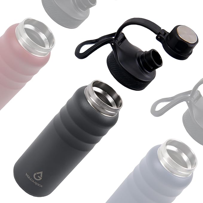 Stainless Steel Sports Water Bottle with Straw Lid Dustproof, 3 Lids, 24/32/40/64 oz BPA Free Vacumm Insulated Water bottle, Leakproof and Sweat Free, Perfect for The Go - 24 Oz Grey