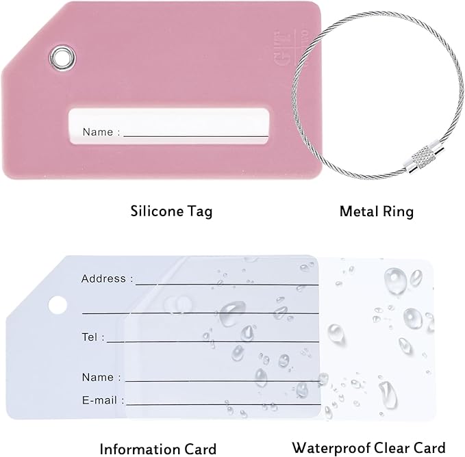 14 Pack Silicone Luggage Tag for Suitcases with Stainless Loop, TSA Approved, Privacy Protection Travel Essentials Bag Tags by Gostwo, Pink