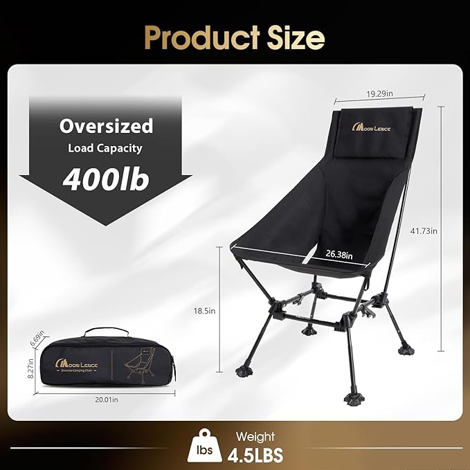 MOON LENCE Oversized Camping Chair with Pillow for Adults, Height Adjustable High-Back Folding Camping Chair with 400 lbs Capacity, Hidden Pillow Pocket for Camping, Hiking, Picnics, Black