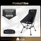 MOON LENCE Oversized Camping Chair with Pillow for Adults, Height Adjustable High-Back Folding Camping Chair with 400 lbs Capacity, Hidden Pillow Pocket for Camping, Hiking, Picnics, Black