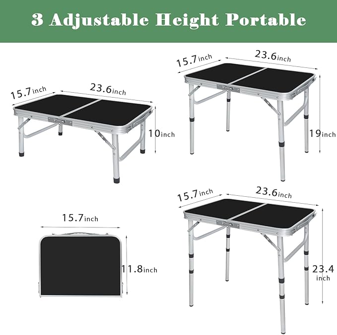 Portable Camping Table, Adjustable Height Aluminum Folding Table, Lightweight & Compact, Outdoor Picnic Table for Camping, Hiking, Beach, BBQ, Travel