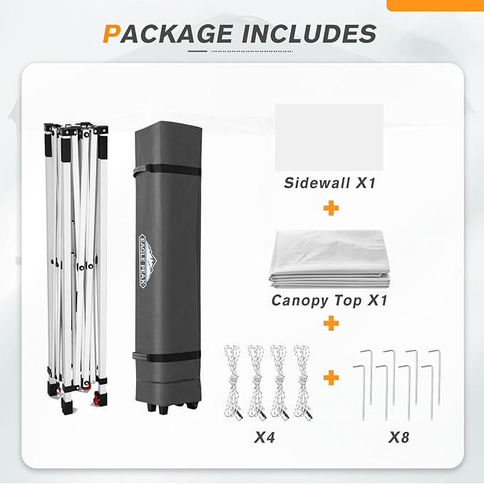 EAGLE PEAK Pop Up Canopy Tent with 1 Sidewall, Easy Setup Event Tent, Outdoor Sun Shade, Wheeled Carry Bag, Stakes and Guy Ropes, Instant Canopy 6.6x6.6, White