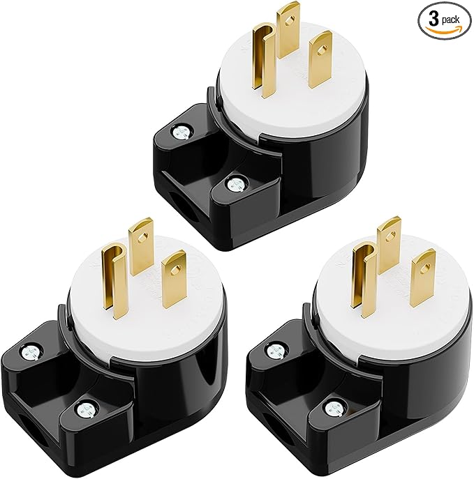 3PACK 90 Degree USA Canada Male Nema 5-15P 3 Pole Angle DIY Plug, 15A 125V USA 3Pin Right Angle AC Connector, Black