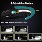 Rechargeable Headlamps 4 Packs, 230° Wide Beam LED Headlamp, Powerful Headlight with Motion Sensor for Adults, 5 Modes, Head Lights for Forehead, COB, Head Lamp for Running Outdoor Camping