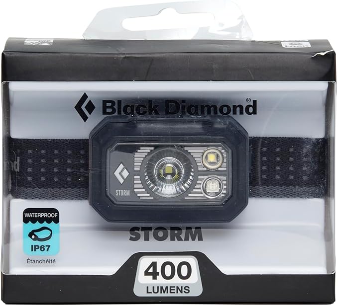 BLACK DIAMOND Storm 400 LED Headlamp, Waterproof and Dimmable Battery Powered Headlamp for Camping, Hiking, Hunting, Fishing, Work with Red Light Headlamp Mode, Graphite