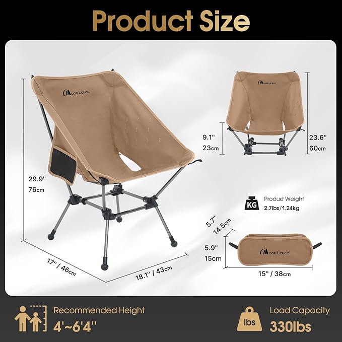 MOON LENCE Portable Camping Chair Plus, Upgraded Comfort & Size, Compact and Lightweight Still, Folding Chair for Backpacking & Hiking, 330Lbs Capacity (Khaki)