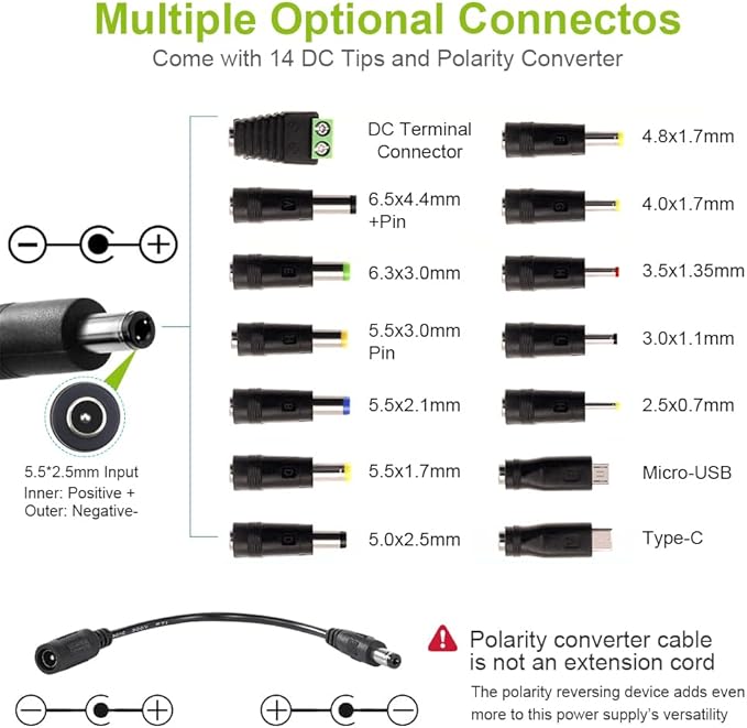 Universal Power Supply 3V~36V 4A 144W Adjustable Variable 3V 5V 9V 12V 24V 30V 36V AC/DC Adapter Charger, 100V-240V AC to DC Converter with 14 Tips, Polarity Converter and 4-Way Power Splitter Cable