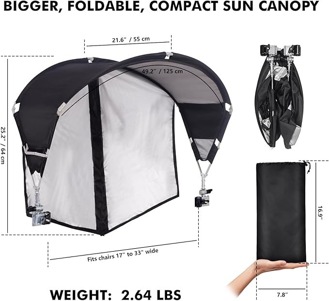 Universal Chair Umbrella Canopy, UPF 50+ Sun Shade with Adjustable Clamp, Fits Most Brands’ Beach, Camping, Lawn, Tanning, Zero Gravity, Lounge & Fishing Chairs, Patent Design