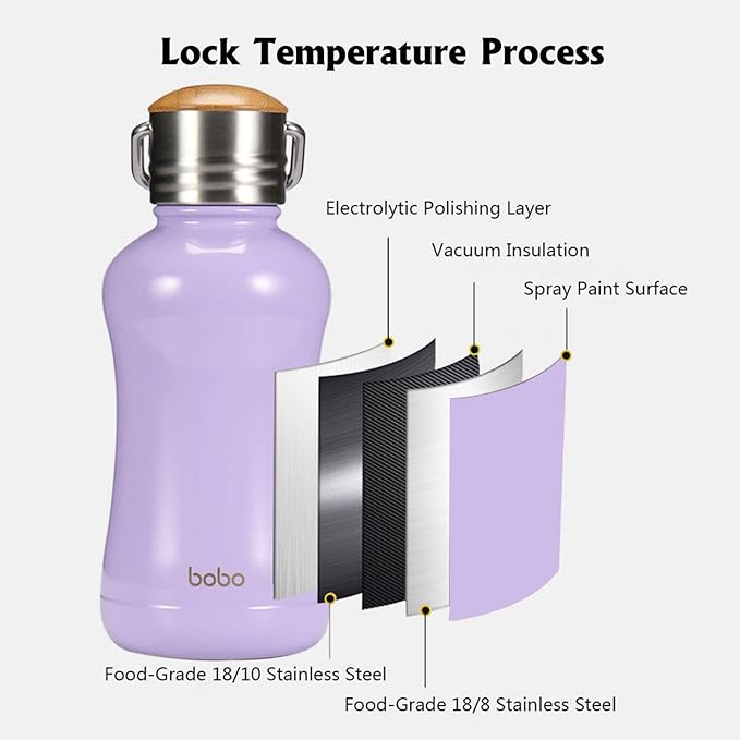 YOHKOH Mini Insulated Water Bottle With Bamboo Lid - 8.8oz Small Vacuum Insulated Water Bottle for Women Kids, 12 Hrs Hot & 24 Hrs Cold Stainless Steel Thermos Leak-Proof BPA-Free (8.8oz,Violets)