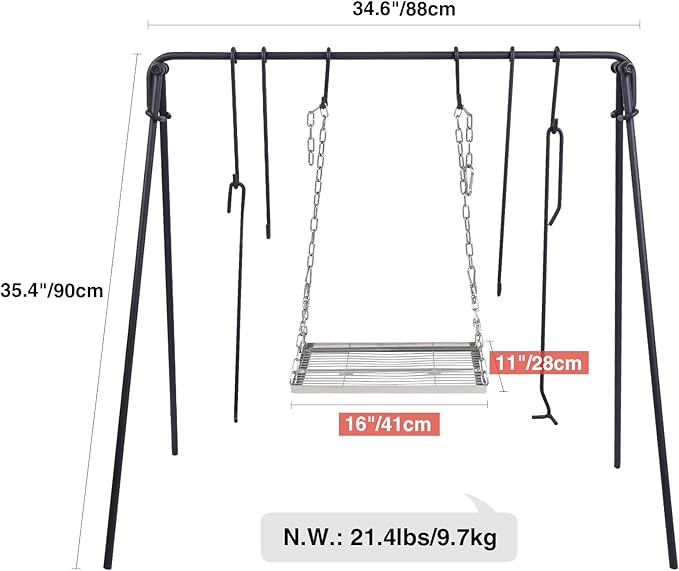 REDCAMP Swing Outdoor Campfire Grill Stand - Collapsible Campfire Cooking Rack with 6 Hooks & Stainless Steel Grill Grate, Portable Dutch Oven Hanger for Camping, Cookware, Bonfire, Rectangle