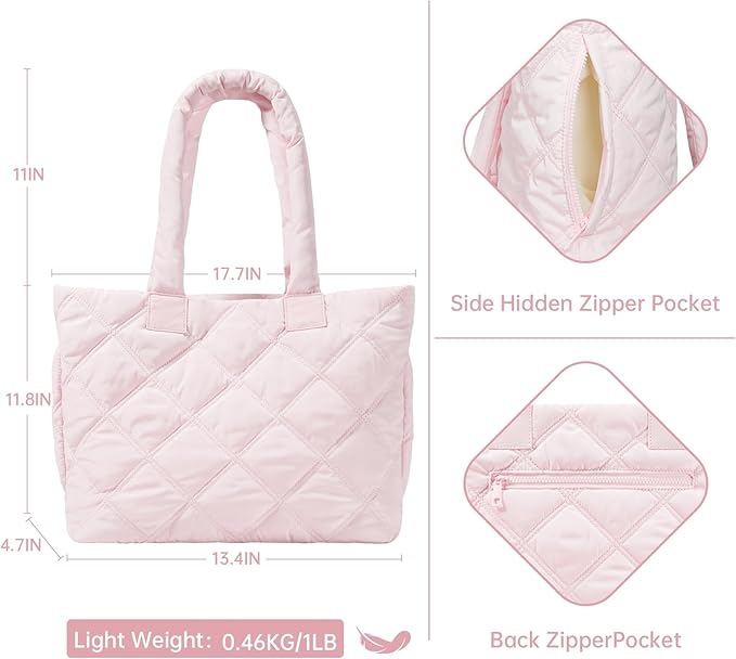 Puffer Tote Bag for Women, Quilted Bag with Zipper, Small Tote HandBags for Work, Travel