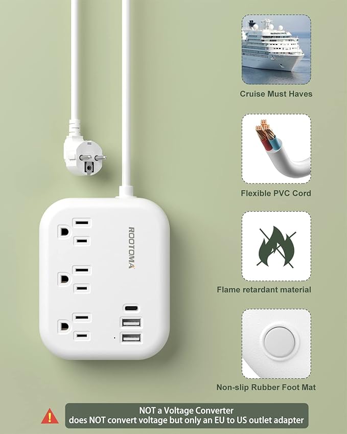 European Travel Plug Adapter with USB C, ROOTOMA Outlet Adapter US to Europe 3 Outlets 3 USB Ports, International Power Strip for EU Spain France Germany Iceland Greece, 3ft, White