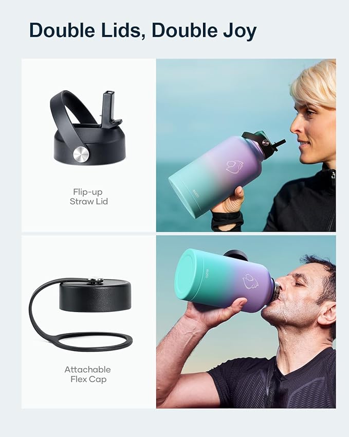 BUZIO 64oz Insulated Water Bottle Stainless Steel Double Wall Leak Proof Half Gallon with Straw Lid and Flex Cap (Cold for 48 Hrs) Sports Flask Metal Travel Mug for Hiking, Camping, Purple Green