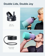 BUZIO 64oz Insulated Water Bottle Stainless Steel Double Wall Leak Proof Half Gallon with Straw Lid and Flex Cap (Cold for 48 Hrs) Sports Flask Metal Travel Mug for Hiking, Camping, Purple Green