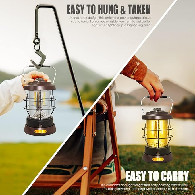 UniqueFire Retro Camping Lantern Rechargeable 1500LM 2 Modes Dimmable,Portable Electric Hurricane Lamp Hands-Free Flashlight,5000 mA High Capacity Battery LED Lanterns for Power Outages Indoor