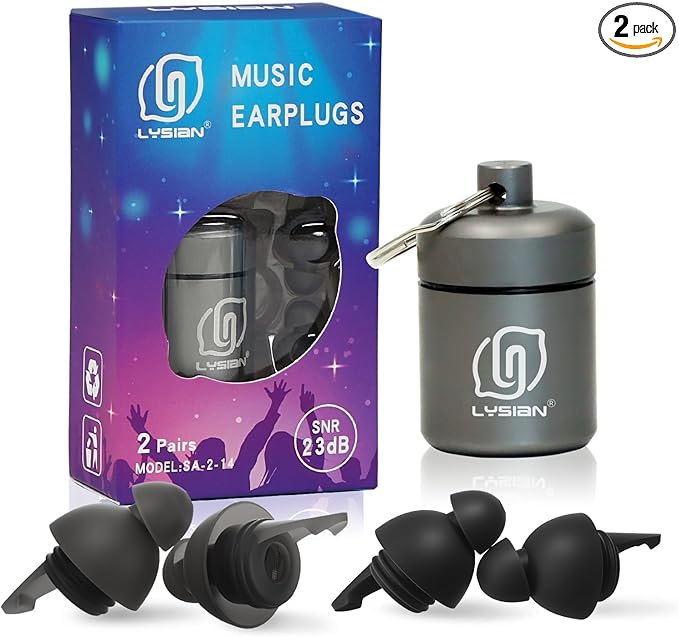 LYSIAN High Fidelity Concert Ear Plugs, 23dB Noise Reduction Musician Earplugs for Concerts, Festivals & Raves, Reusable Soft Earplugs with Aluminum Case, 2 Pairs Black