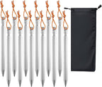 12 Pack Tent Stakes, 7-inch Ultralight Aluminum Ground Pegs with Reflective Pull Ropes, Tri-Beam Stake in a Carrying Bag, for Camping, Backpacking, Hiking, Hammocks and Canopy, Silver