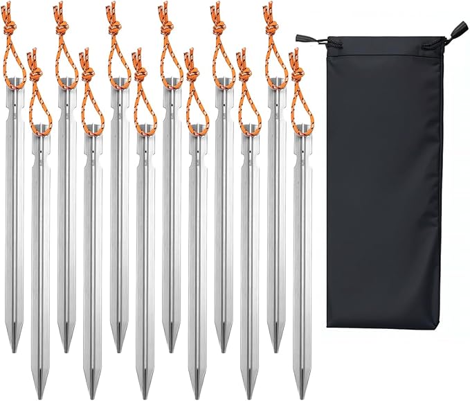 12 Pack Tent Stakes, 7-inch Ultralight Aluminum Ground Pegs with Reflective Pull Ropes, Tri-Beam Stake in a Carrying Bag, for Camping, Backpacking, Hiking, Hammocks and Canopy, Silver