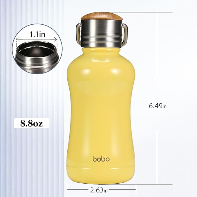 YOHKOH Mini Insulated Water Bottle With Bamboo Lid - 8.8oz Small Vacuum Insulated Water Bottle for Women Kids, 12 Hrs Hot & 24 Hrs Cold Stainless Steel Thermos Leak-Proof BPA-Free (8.8oz,Yellow)