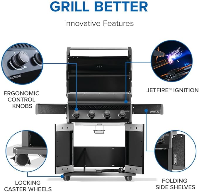 Napoleon Rogue 525 Propane Gas Grill, Black, Stainless Steel Grids, Durable 4-Burner Grill