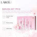 LAIKOU JAPAN SAKURA Skin Care, Skin Care Set with Cleanser, Toner, Lotion, Eye Cream, Makeup Primer, Essence Cream and Serum for Women Mother's Day Valentine's Day Christmas Birthday Beginner Kit 7pcs