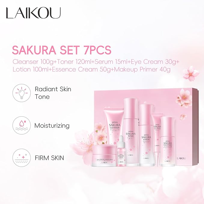 LAIKOU JAPAN SAKURA Skin Care, Skin Care Set with Cleanser, Toner, Lotion, Eye Cream, Makeup Primer, Essence Cream and Serum for Women Mother's Day Valentine's Day Christmas Birthday Beginner Kit 7pcs