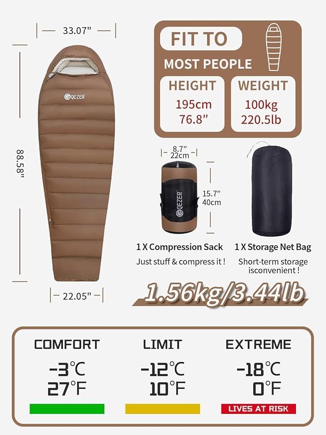0 Degree Sleeping Bag for Adults 650 Fill Power Down Sleeping Bag for Cold Weather -20F / -8F / 0F / 10F Large Lightweight