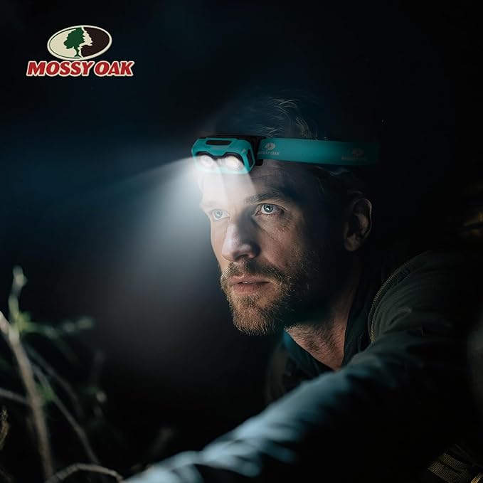 Mossy Oak 600 Lumens Rechargeable Headlamp, Lightweight LED Headlight with White & Red Light, Waterproof Head Lamp with Non-Slip Band, Dimmable & Memory Function for Camping, Running, Hiking, Outdoor
