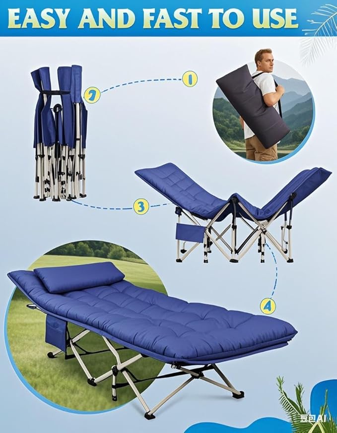 WLIVE 1200D Double Layer Oxford Camping Cots for Adults, Folding Cots for Sleeping with Mattress, Outdoor Folding Bed with Carry Bag, Portable Camping Bed for Sleeping, Resting, Camping, Dark Blue