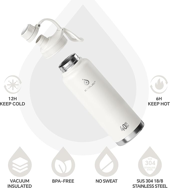 IDEUS Insulated Stainless Steel Water Bottle with 2 Leak-Proof Lids, Thermal Water Flask for Hiking Biking, 40oz, White