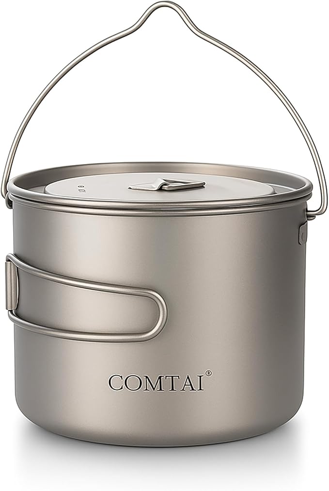 1100ml Titanium Camping Pot with Lid & Bail Handle, Lightweight Backpacking Cookware for Outdoor Hiking Cooking, Ultralight Titanium Cook Pot for Campfire Use