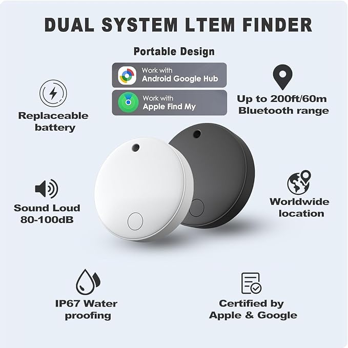 4 Pack Smart Tag Tracker, Dual System Air Tracker Tag for iOS and Android, Compatible with Apple Find My or Google Find Hub Smart Keys Finder Item Locator with Waterproof&Light (Black)