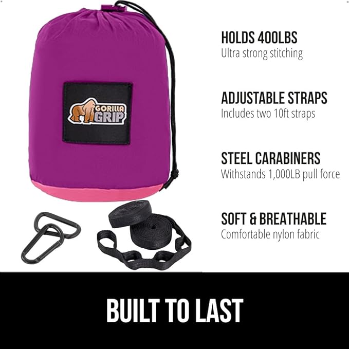 GORILLA GRIP Durable Portable Camping Hammock, Holds 400lbs with Heavy Duty Tree Straps, Comfortable Travel Swing, Camp Hammocks, Easy to Use and Install, Outdoor Essentials, Purple, 9x4.5 FT