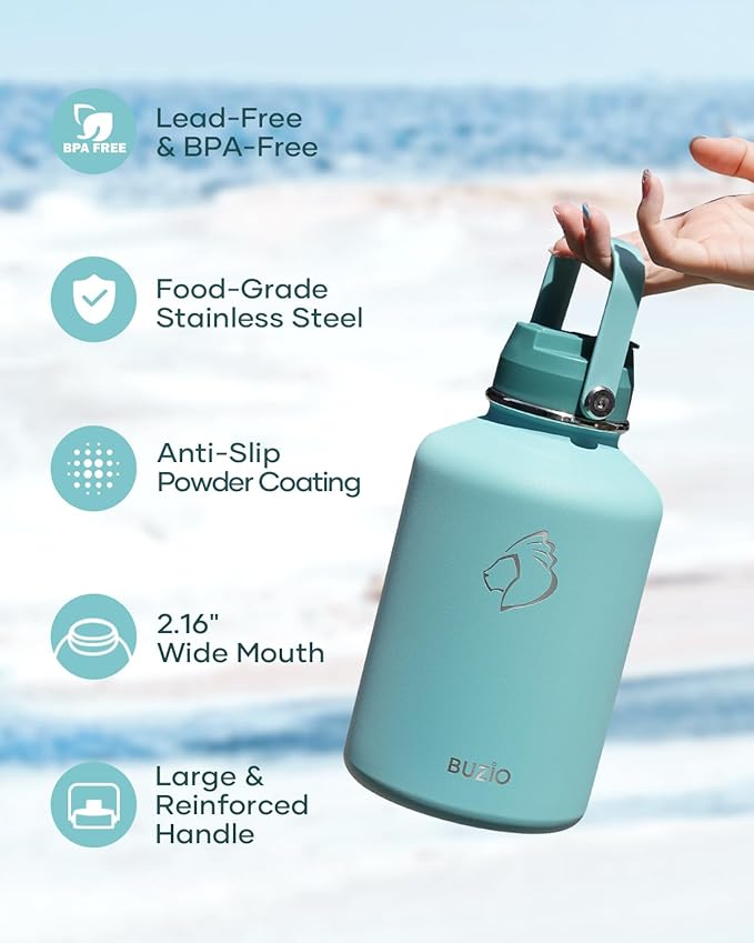 BUZIO 64oz Insulated Water Bottle, Stainless Steel Water Flask with Straw Lid and carrying pouch, Keep Cold 48h Leak Proof Double Wall Vacuum Travel Mug Metal Canteen for Gym Camp Beach, Green