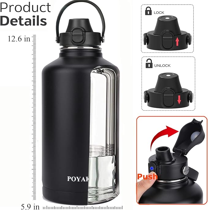Water Bottle Insulated 32oz 40oz 64oz 128oz Straw Lid Spout Lid & 3 Lids, Leak Proof, Vacuum Insulated,Stainless Steel Water Bottle Wide Mouth for Sports, Gym or Office