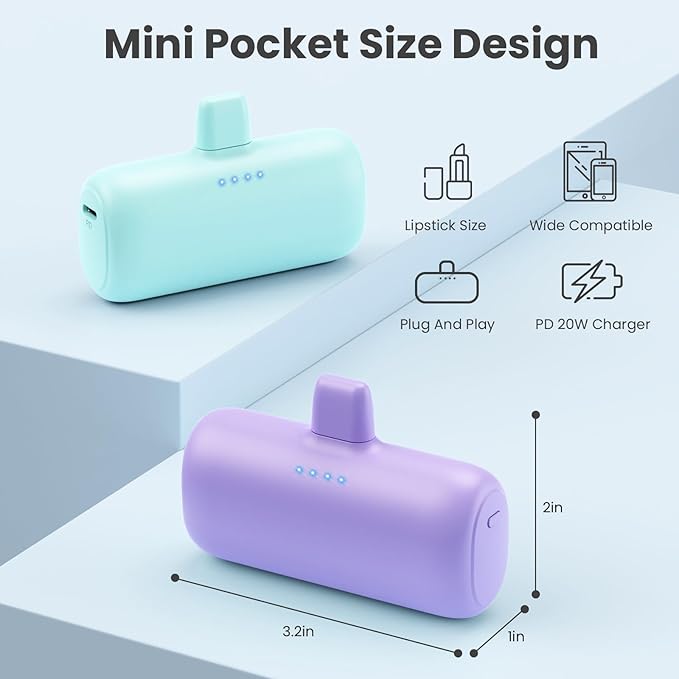 [2-Pack] Mini Portable Charger for iPhone,5200mAh Ultra Compact PD Fast Charging Power Bank,Plug-in Battery Pack Travel Cordless Phone Charger,Compatible with iPhone 14/14Pro/13/12/11/X/8/7/6plus etc