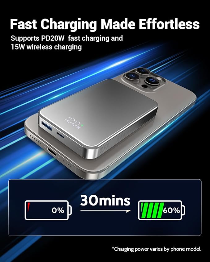 for Magsafe Portable Charger, Aluminum Alloy Small 10000mAh 20W PD Magnetic Power Bank, USB-C in&Out Wireless Battery Pack Phone Charger for iPhone 17/16/15/14/13/12 Plus Pro Max Series -Silvery