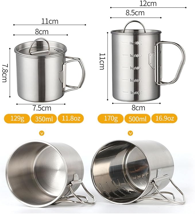 Stainless Camping Cup, 350ml Stainless Steel Camping Cup with Lid and Foldable Handle, High Temperature Direct Heating, Great for Backpacking