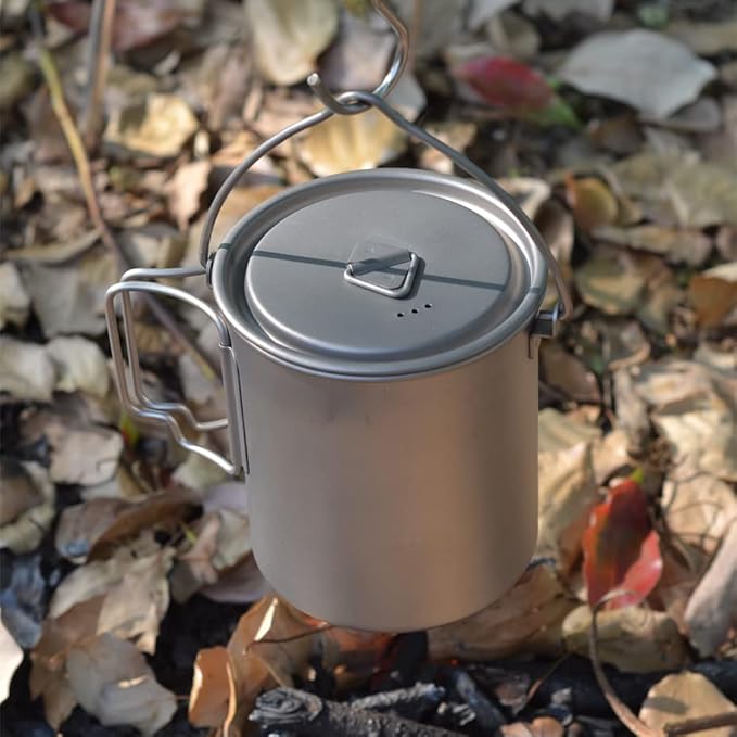 750ml/26oz Titanium Camping Pot with Lid and Foldable Handle, Ultralight Camping Mug for Hiking, Backpacking, Outdoor Cooking, and Travel