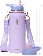 Coolflask Water Bottle with Straw, 40 oz Insulated Metal Water Flask with Straw & Spout Lids, Stainless Steel Double Wall Vacuum, Keep Cold 48h Hot 24h, Leak Proof & Non-BPA, Lavender