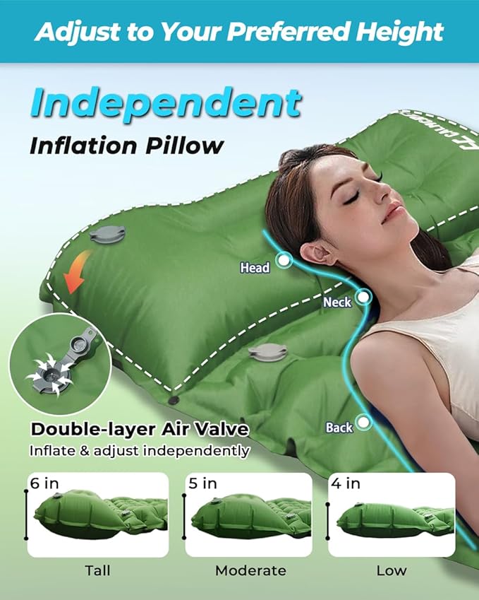 Sleeping Pad for Camping, 4in Thickness Inflatable Sleeping Mat with Adjustable Pillow & Built-in Foot Pump,Lightweight Camping Air Mattress with Waterproof Nylon for Hiking,Traveling-Green