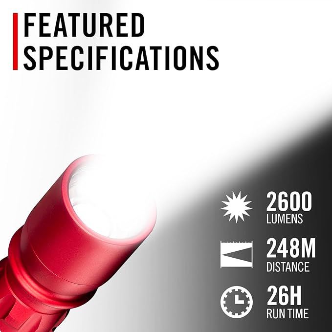 Coast XP11R 2600 Lumen USB-C Rechargeable LED Flashlight with Slide Focus® and Pure Beam® Focusing Optic, 4 Light Modes, Red